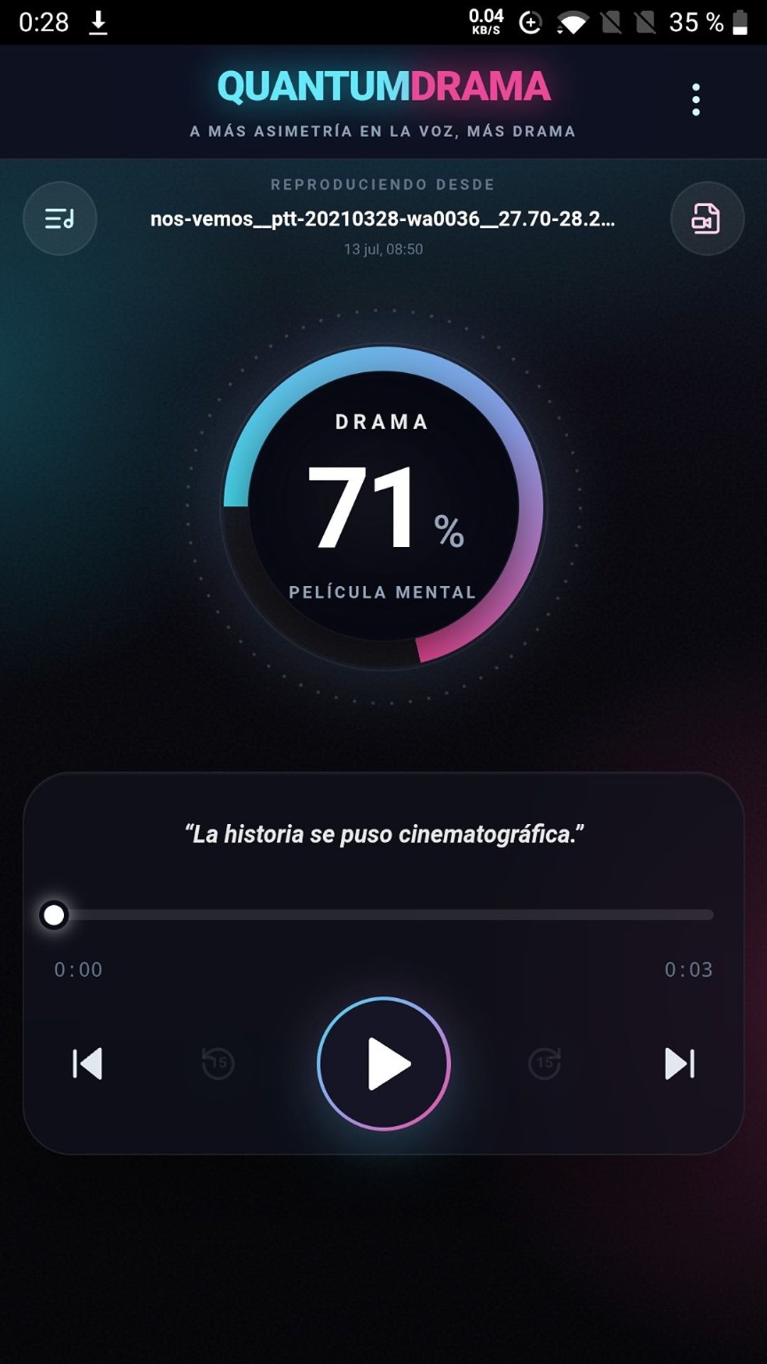 QuantumDrama showing a 71% Drama Check